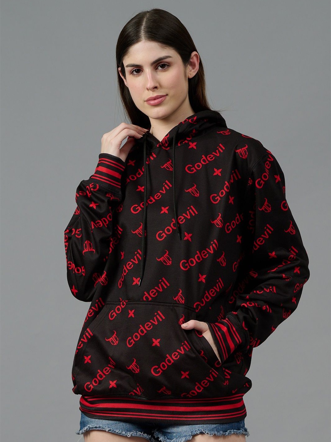 

GO DEVIL Women Printed Hooded Pullover Sweatshirt, Red