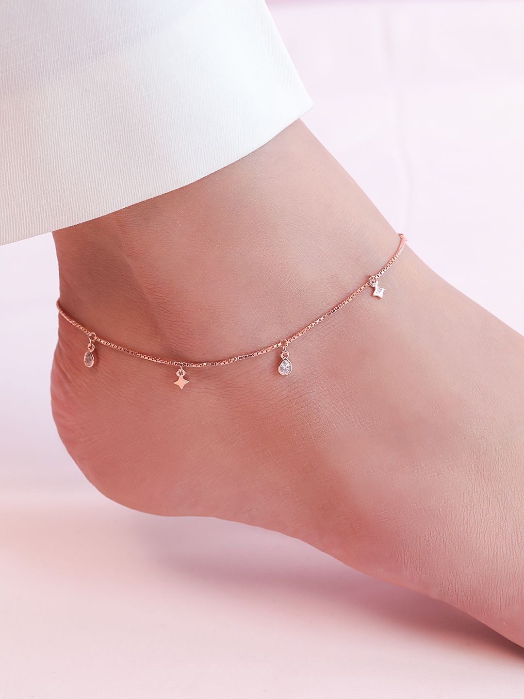 

Zavya 925 Pure Sterling Silver Rose Gold-Plated Stone Studded Single Anklet