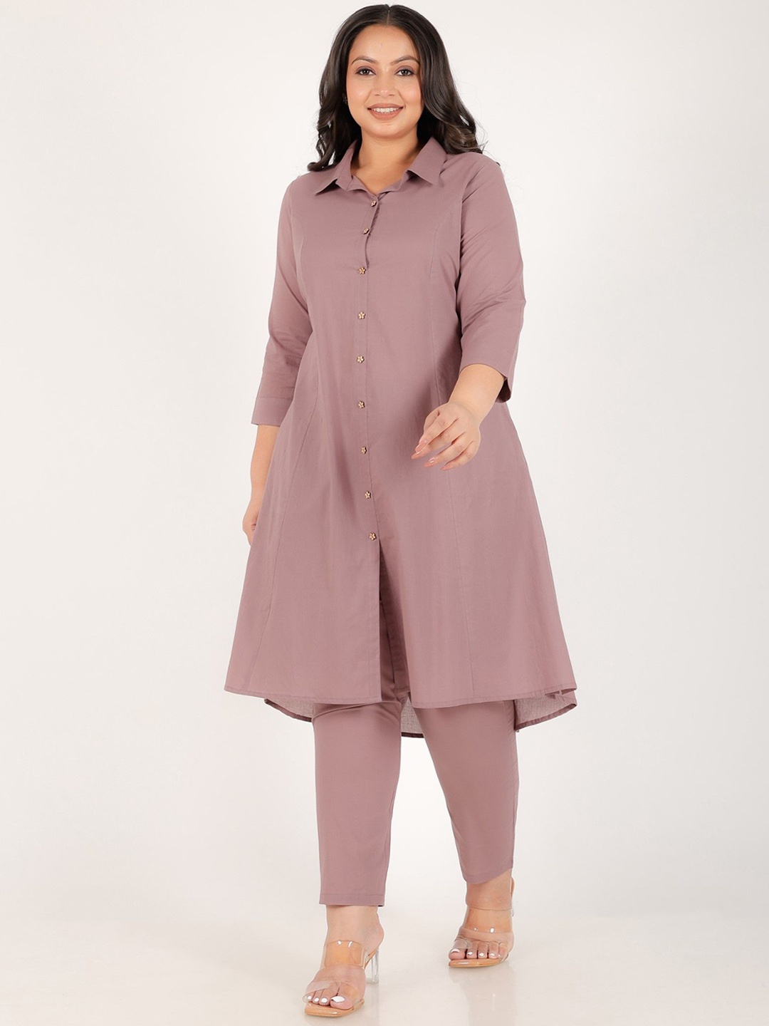 

Aramya Shirt Collar High-Low Pure Cotton A-Line Kurta with Trouser, Purple