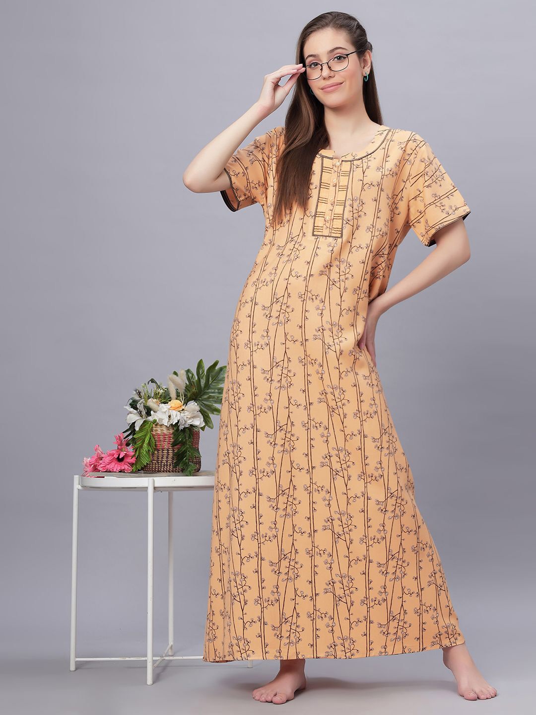 

QUIRA Women Floral Printed Round Neck Maxi Nightdress, Beige