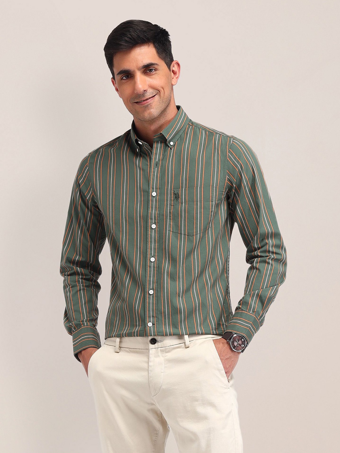 

U.S. Polo Assn. Men Classic Tailored Fit Opaque Striped Casual Shirt, Green