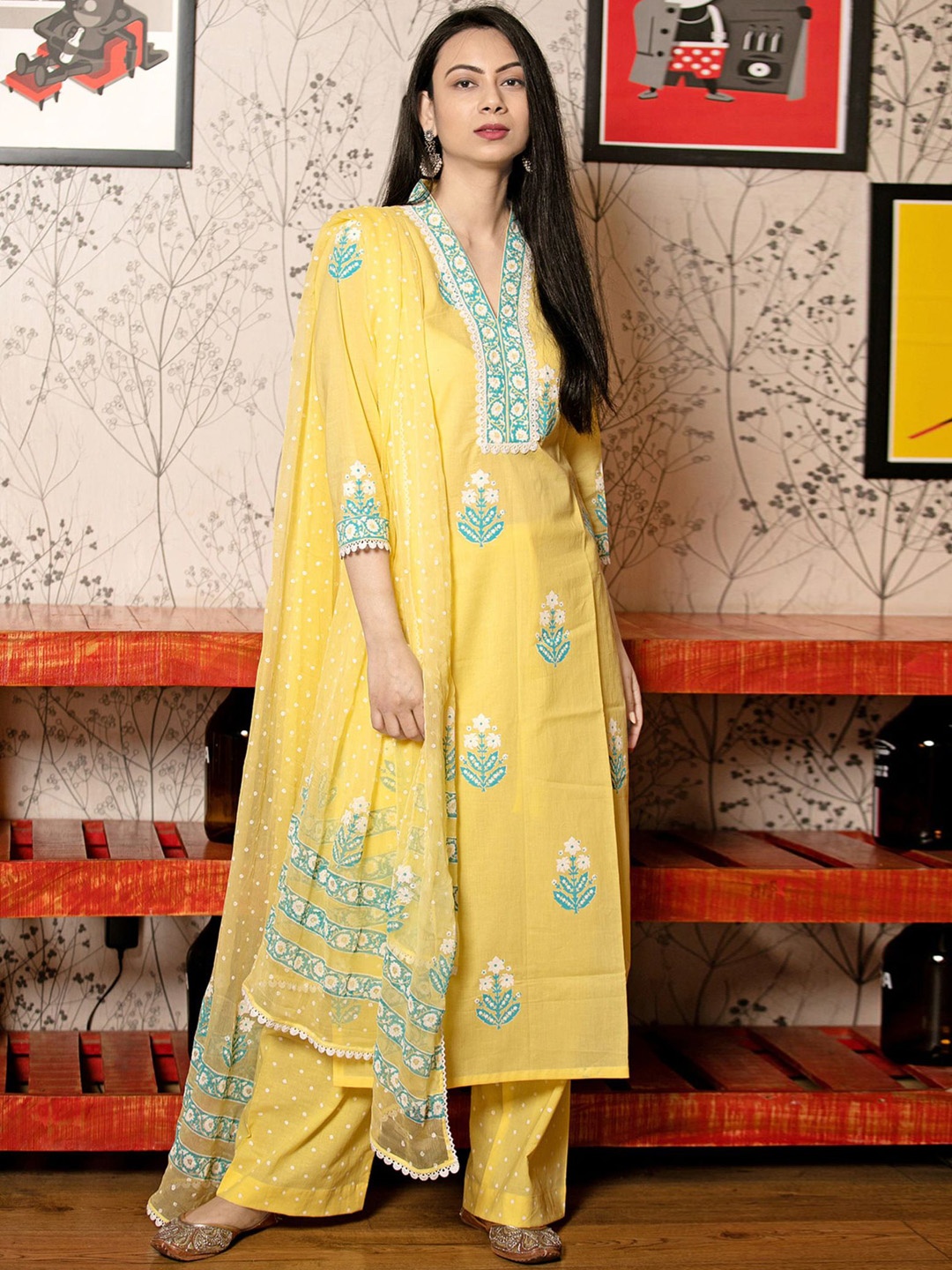 

Anni Designer V-Neck Floral Printed Thread Work Straight Kurta with Palazzo & Dupatta, Mustard