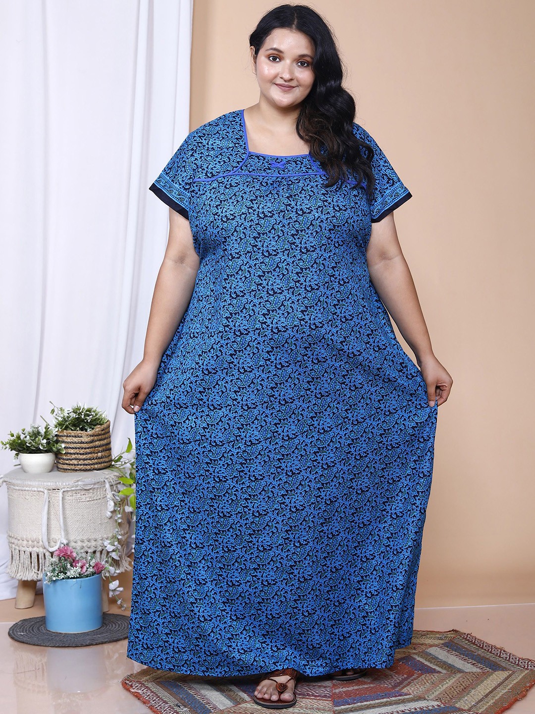 

SP DESIGNS Women Plus Size Printed Maxi Pure Cotton Nightdress, Blue
