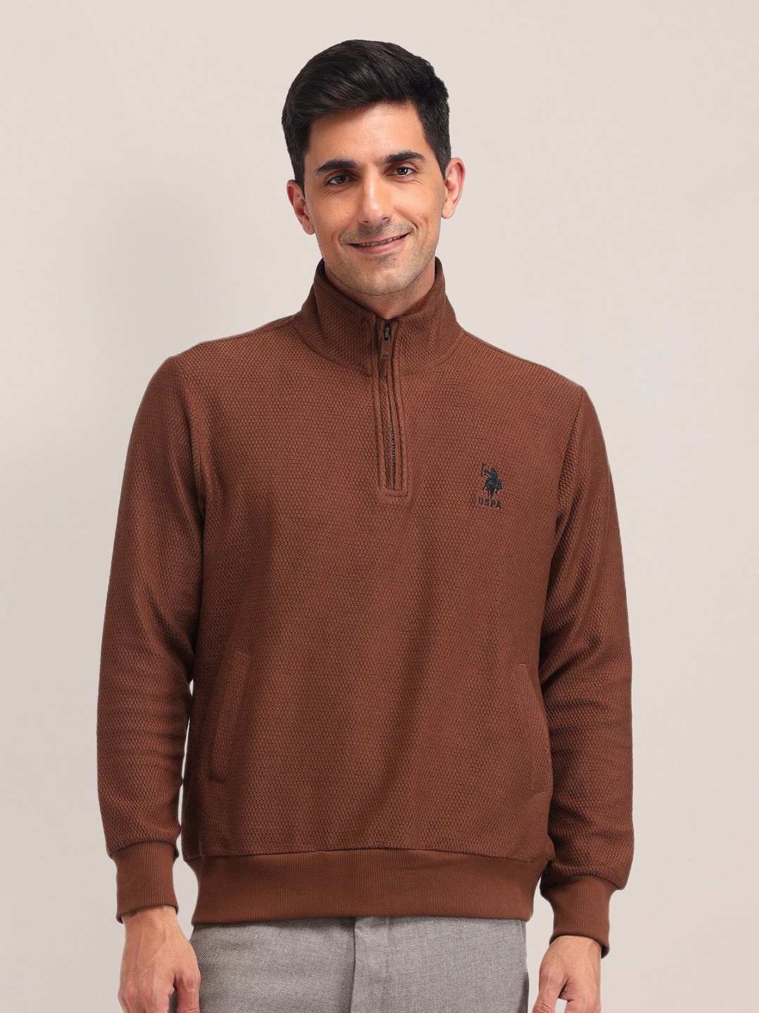 

U.S. Polo Assn. Men Mock Collar Cotton Sweatshirt, Brown