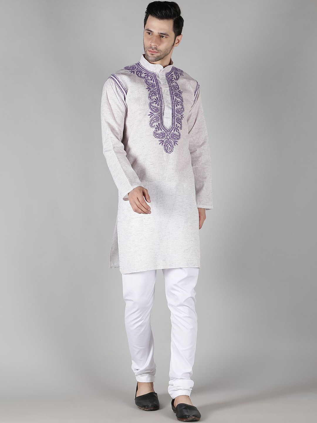 

Seva Chikan Paisley Embroidered Mandarin Collar Long Sleeves Pure Cotton Straight Kurta, Purple