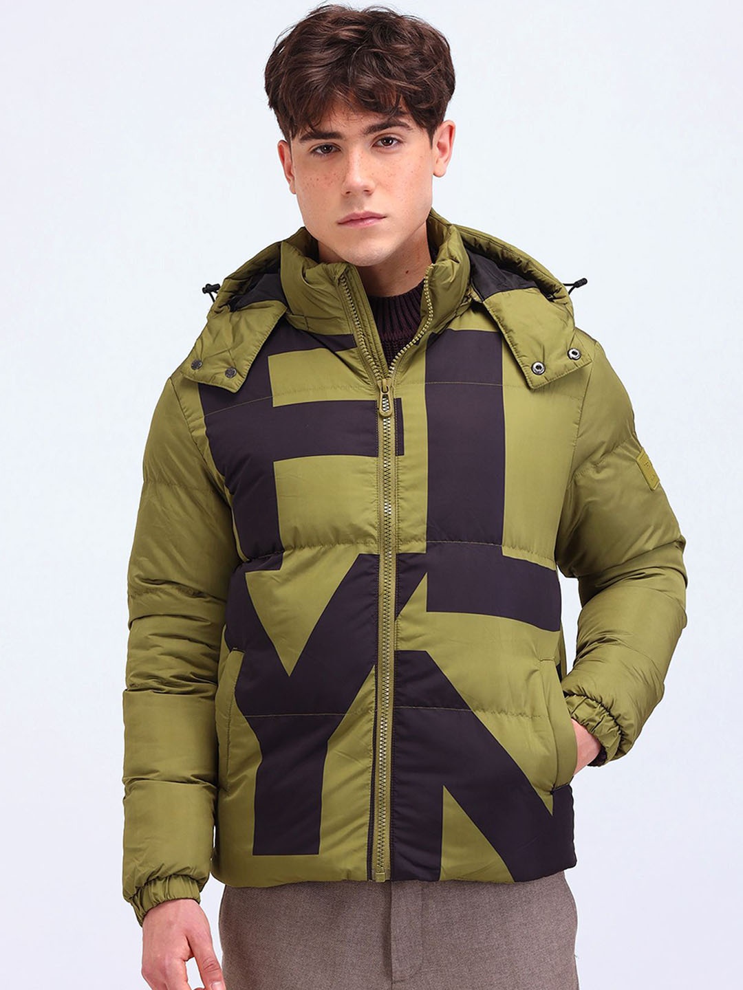 

Flying Machine Men Hooded Typography Casual Padded Jacket, Olive