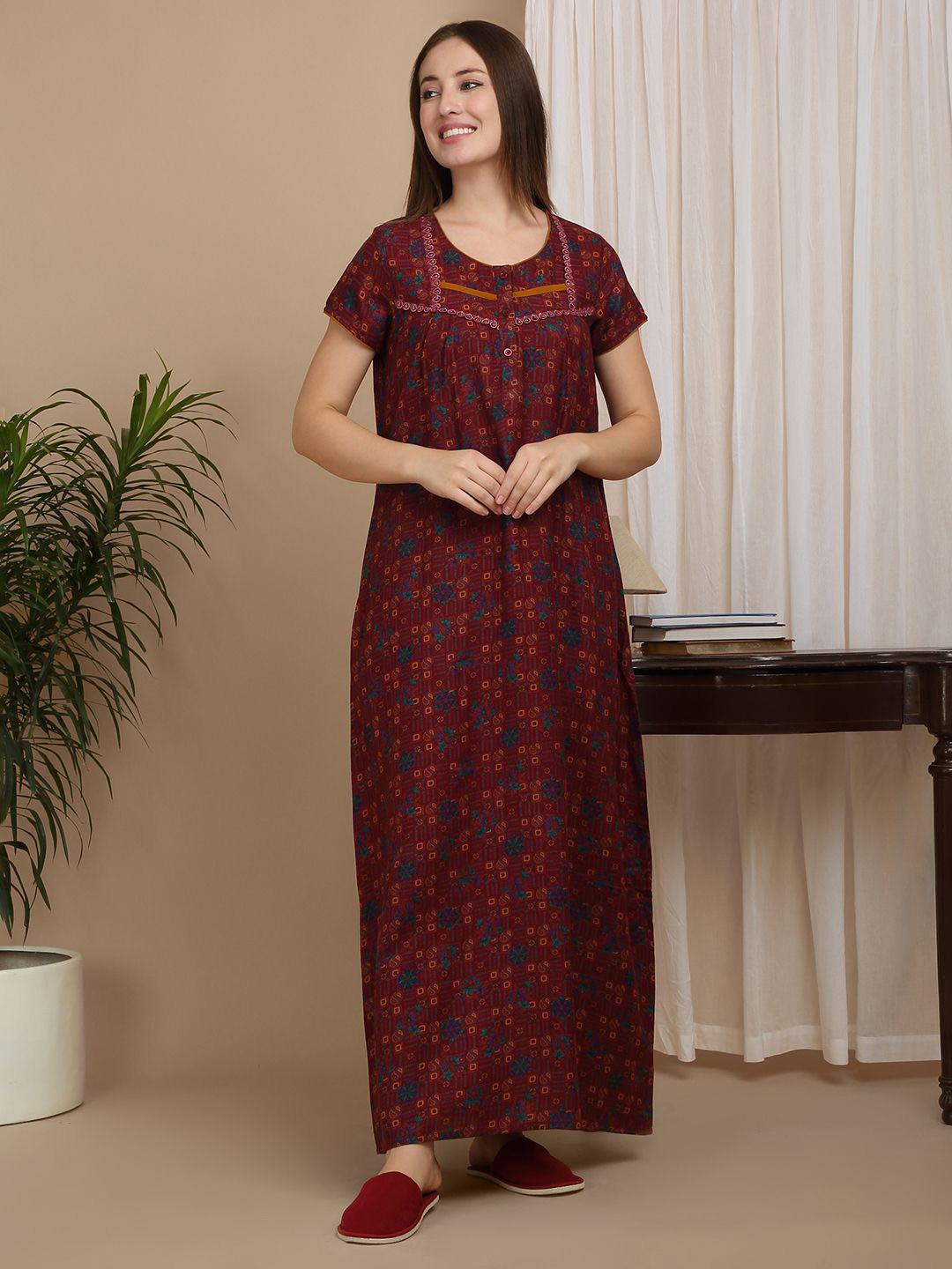 

Sweet Dreams Women Pure Cotton Printed Maxi Nightdress, Maroon