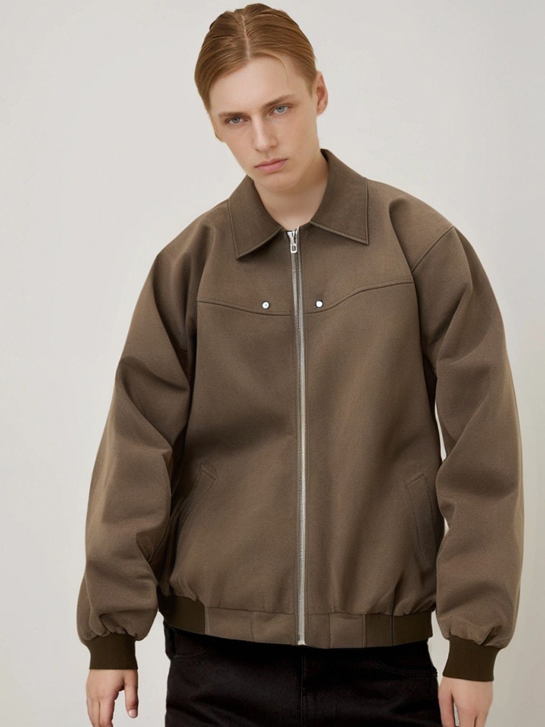 

StyleCast x Revolte Men Spread Collar Solid Casual Bomber Jacket, Brown