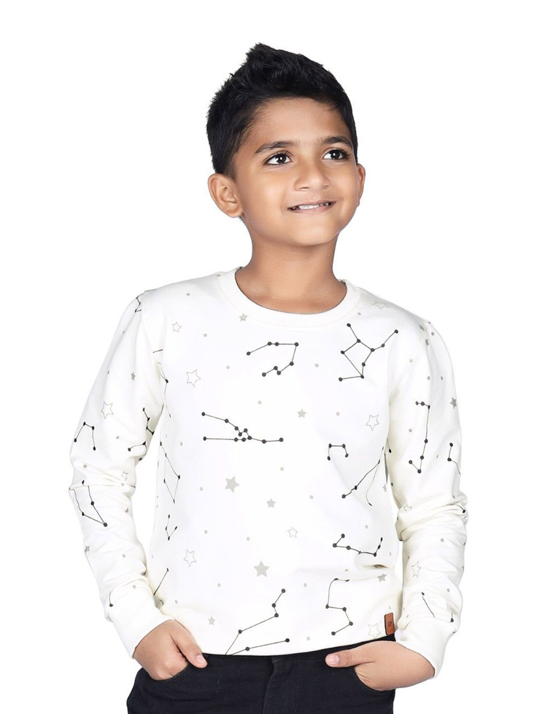 

CRAZYPENGUIN ELITE Boys Cotton Geometric Printed Round Neck Pullover Sweatshirt, White