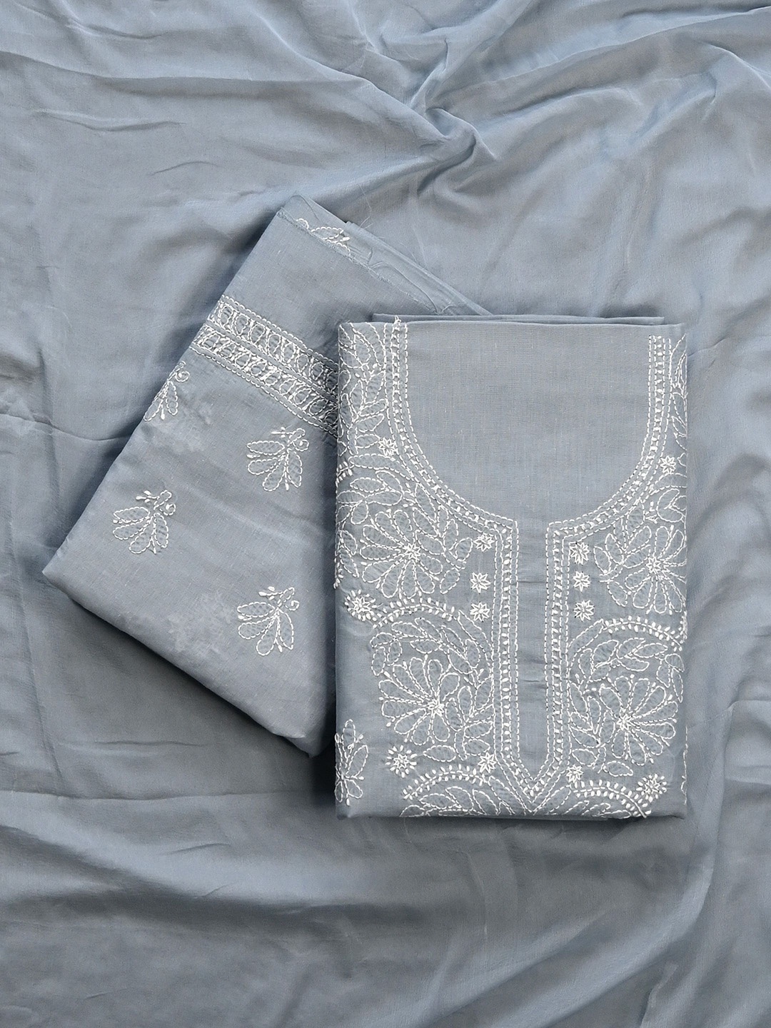 

Seva Chikan Floral Lucknowi Chikankari Embroidered Unstitched Dress Material, Grey