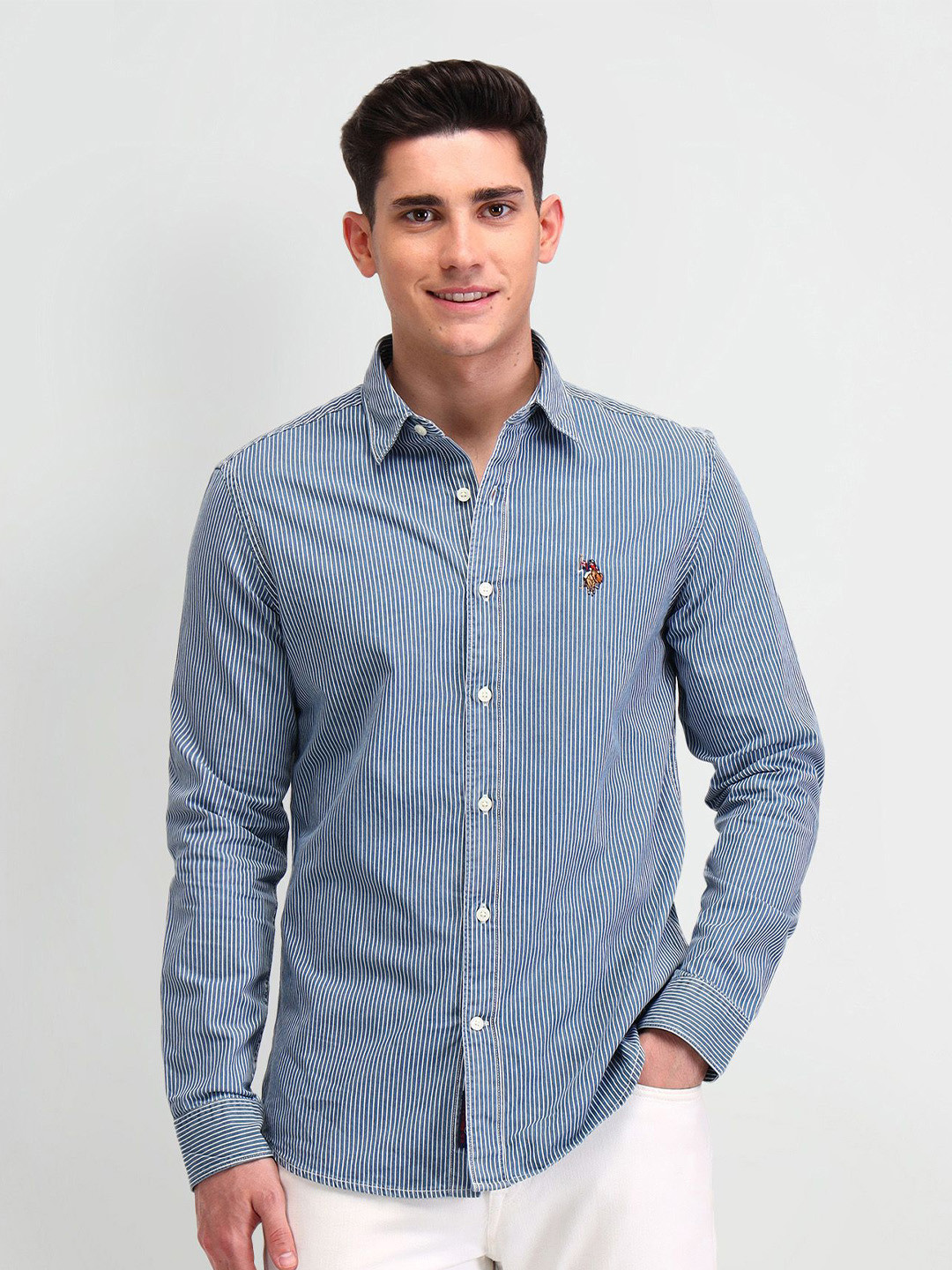 

U.S. Polo Assn. Denim Co. Men Manhattan Slim Fit Pinstripes Opaque Striped Casual Shirt, Blue