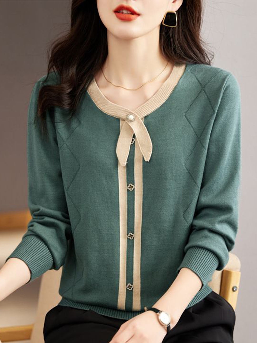 

StyleCast Women Round Neck Geometric Pullover Sweaters, Green