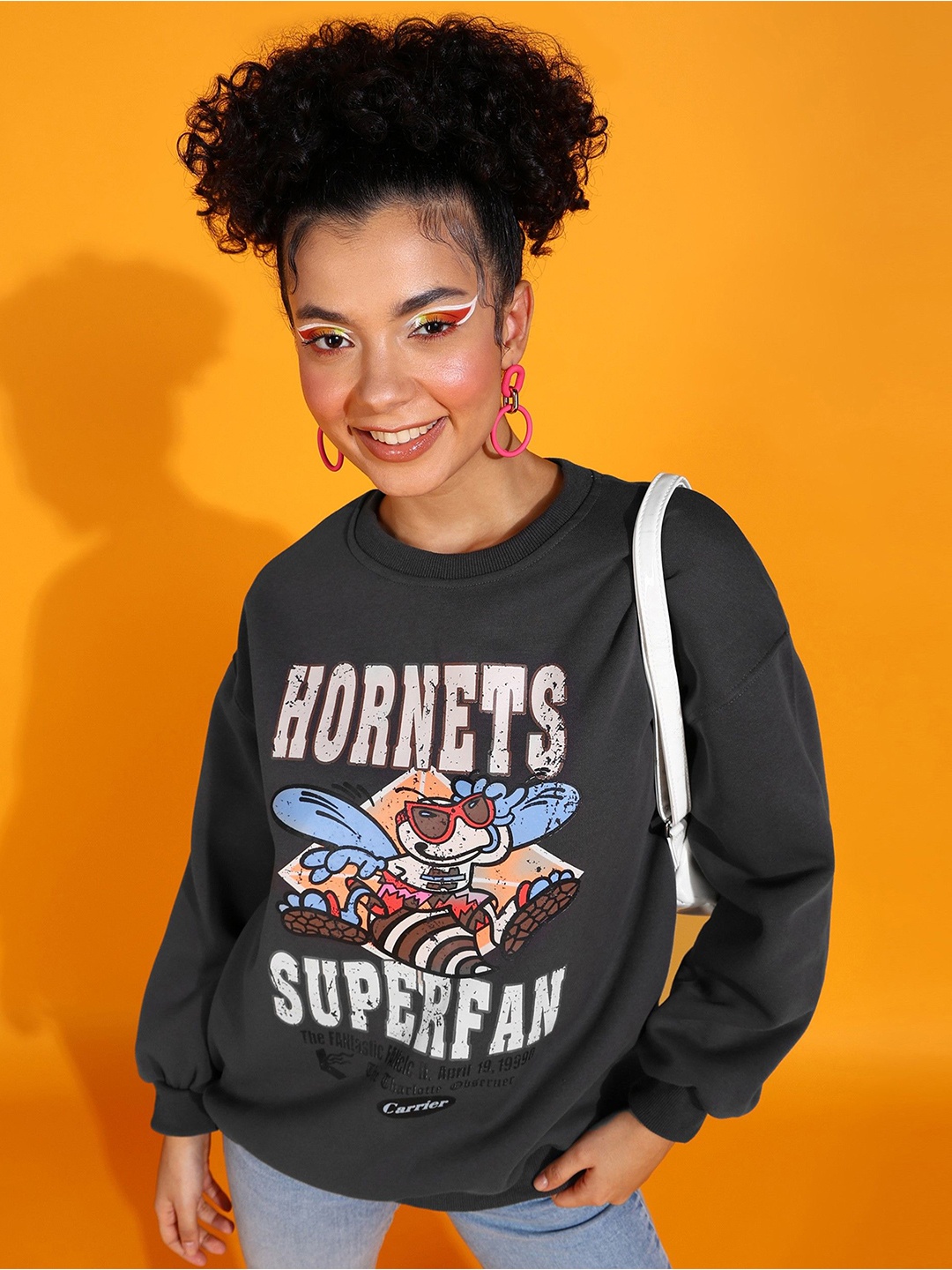 

SHECZZAR Women Graphic Printed Cuffed Sleeves Top, Grey
