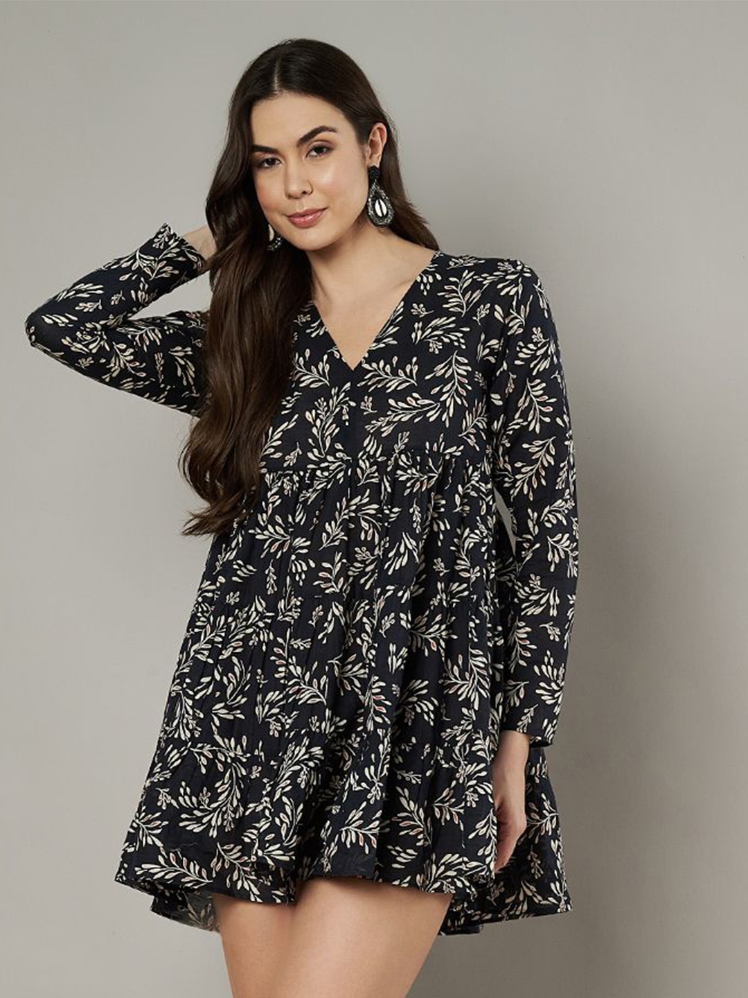 

Amagyaa Floral Printed Cotton A-Line Mini Dress, Black