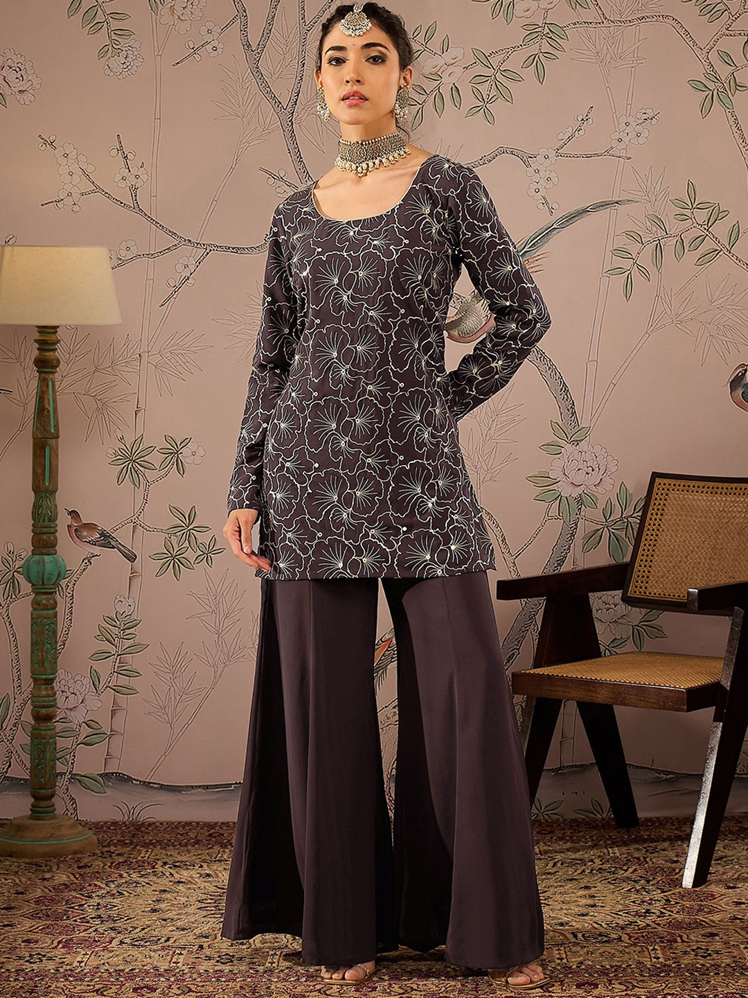 

Shae by SASSAFRAS Floral Embroidered Kurti With Trousers, Brown