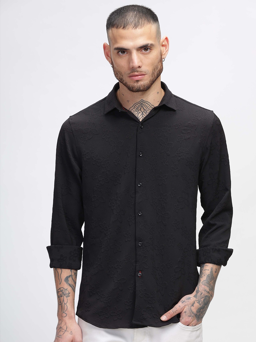 

HOUSE OF MAHNOTS Men Classic Spread Collar Textured Casual Shirt, Black