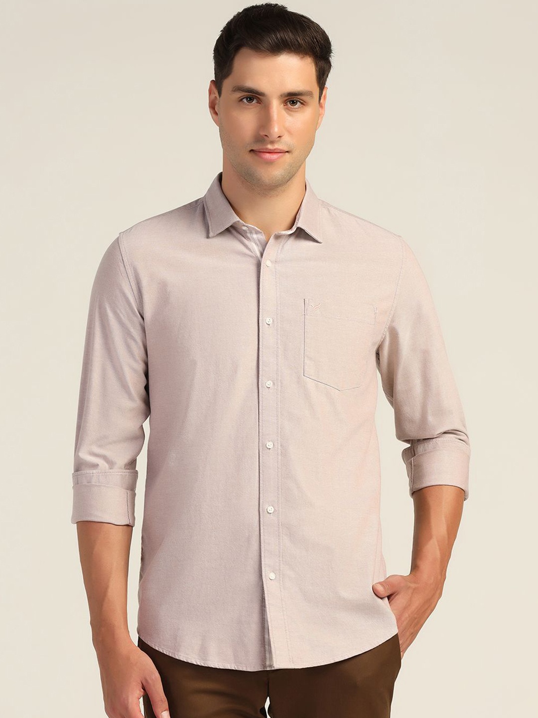 

Blackberrys Men India Slim Spread Collar Solid Cotton Slim Fit Casual Shirt, Cream