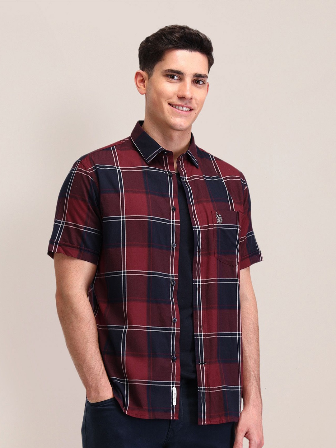 

U.S. Polo Assn. Men Classic Spread Collar Buffalo Checked Cotton Tailored Fit Casual Shirt, Maroon