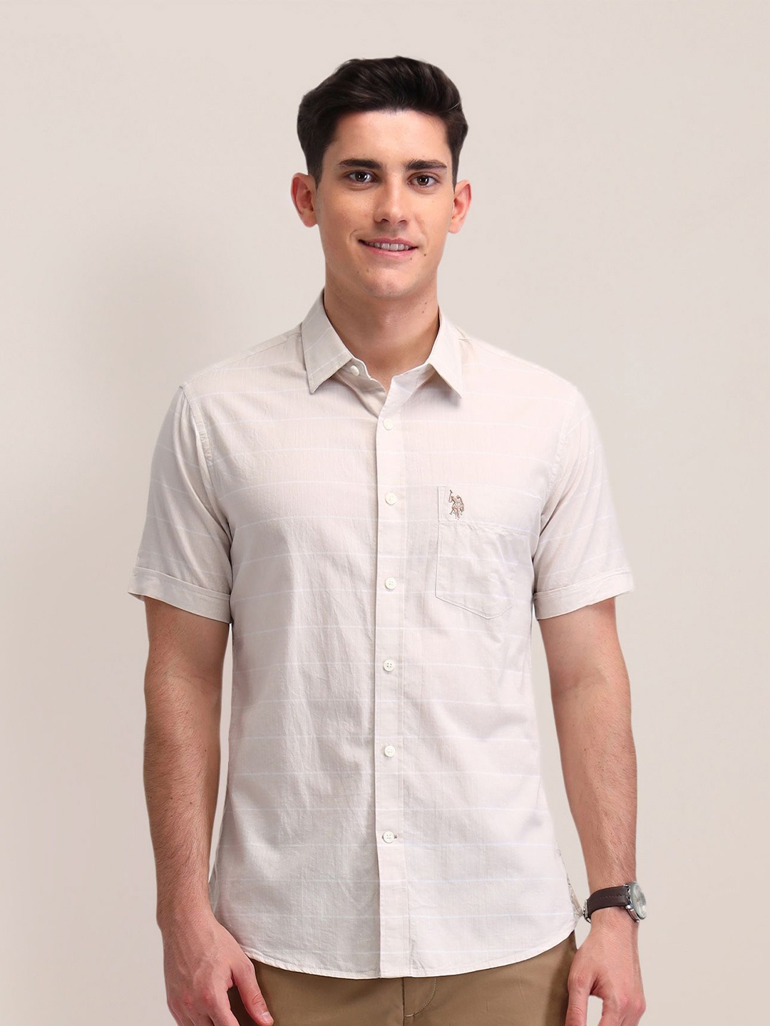 

U.S. Polo Assn. Men Classic Horizontal Striped Cotton Tailored Fit Casual Shirt, Grey