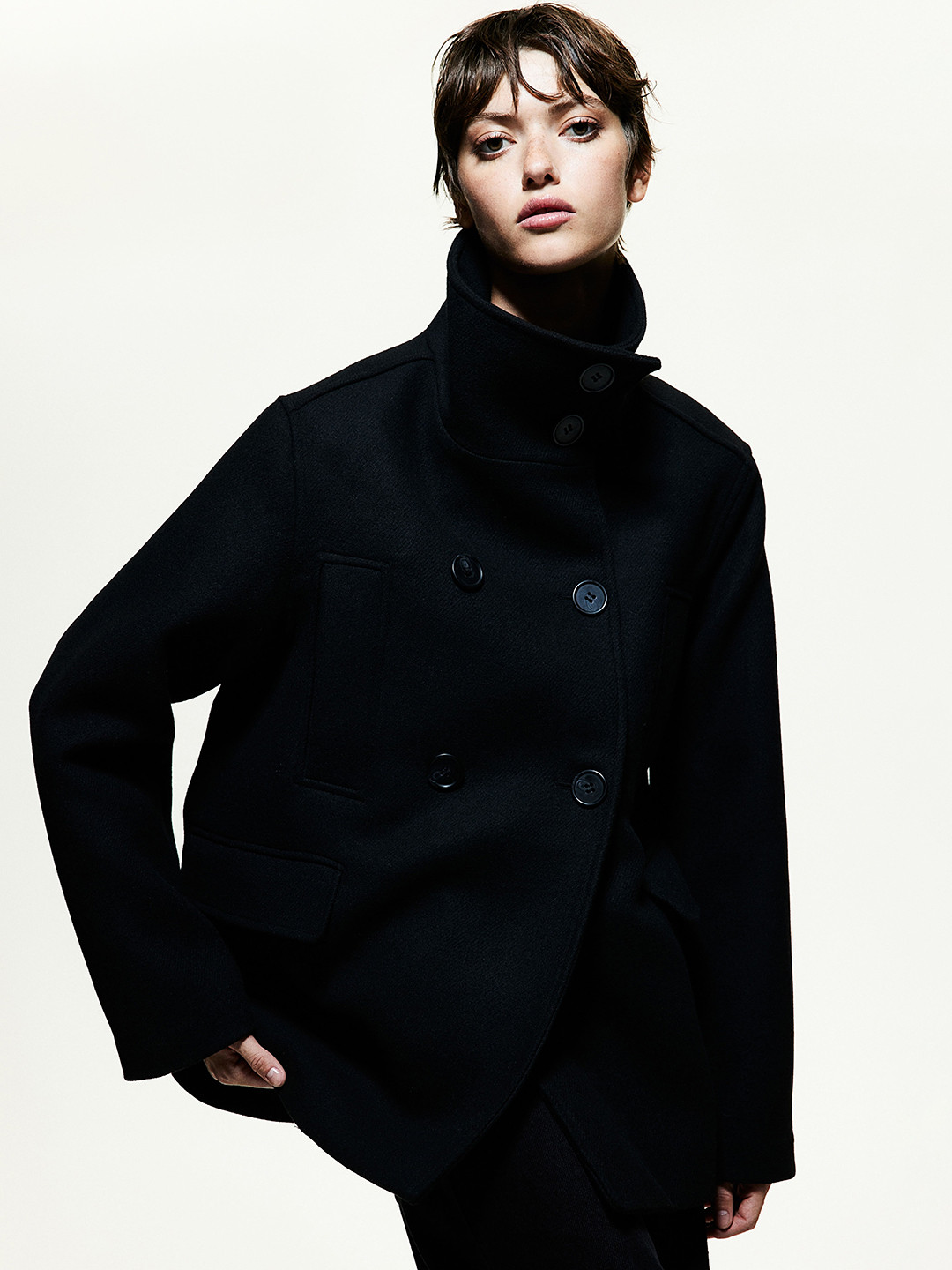 

H&M Women High-Collar Double-Breasted Coat, Black