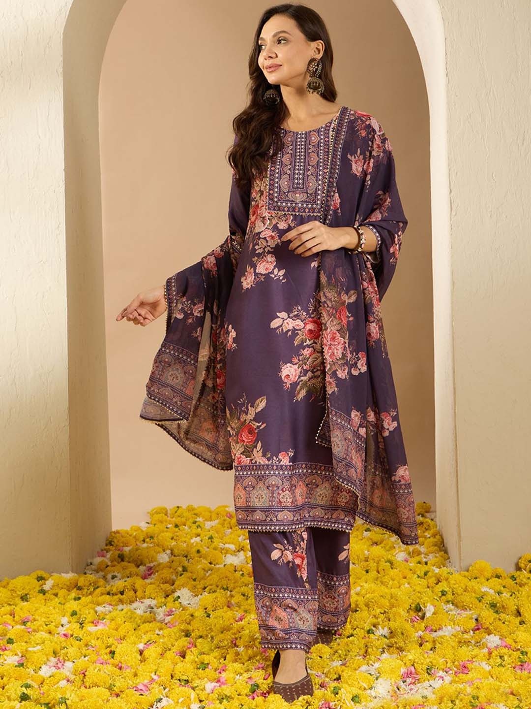 

ZIYAA Purple Floral Printed Round Neck Three-Quarter Sleeves Kurta & Palazzo With Dupatta