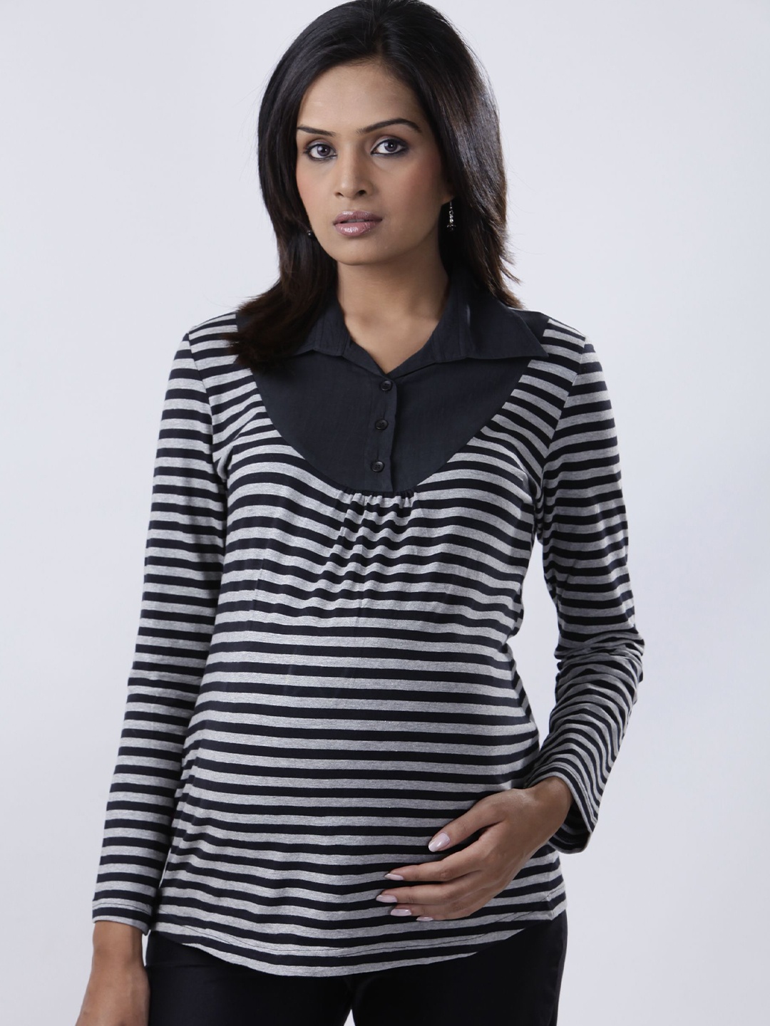 

Uzazi Women Striped Shirt Collar Maternity Top, Black