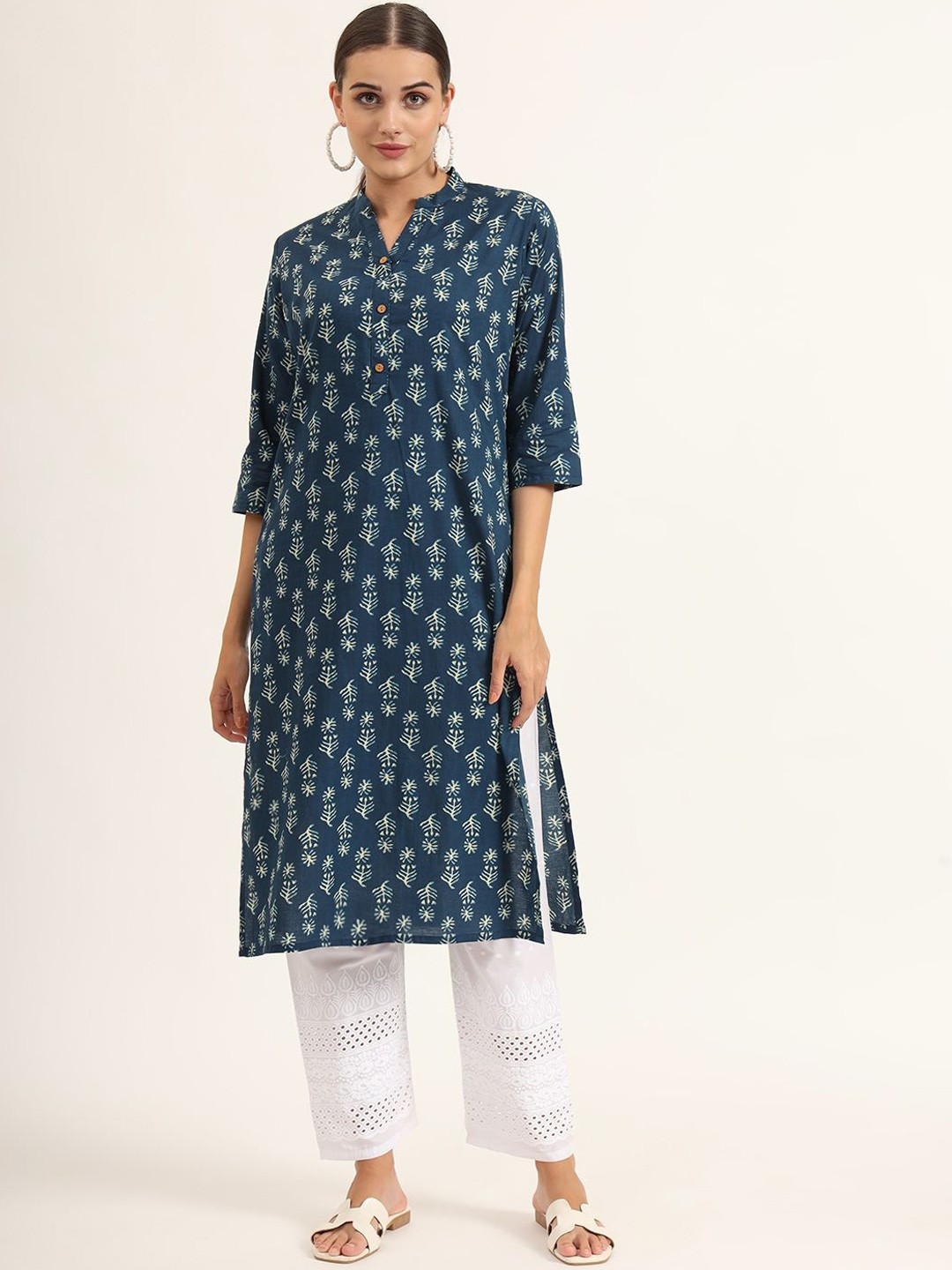 

KALINI Mandarin Collar Floral Printed Cotton Straight Kurta, Teal