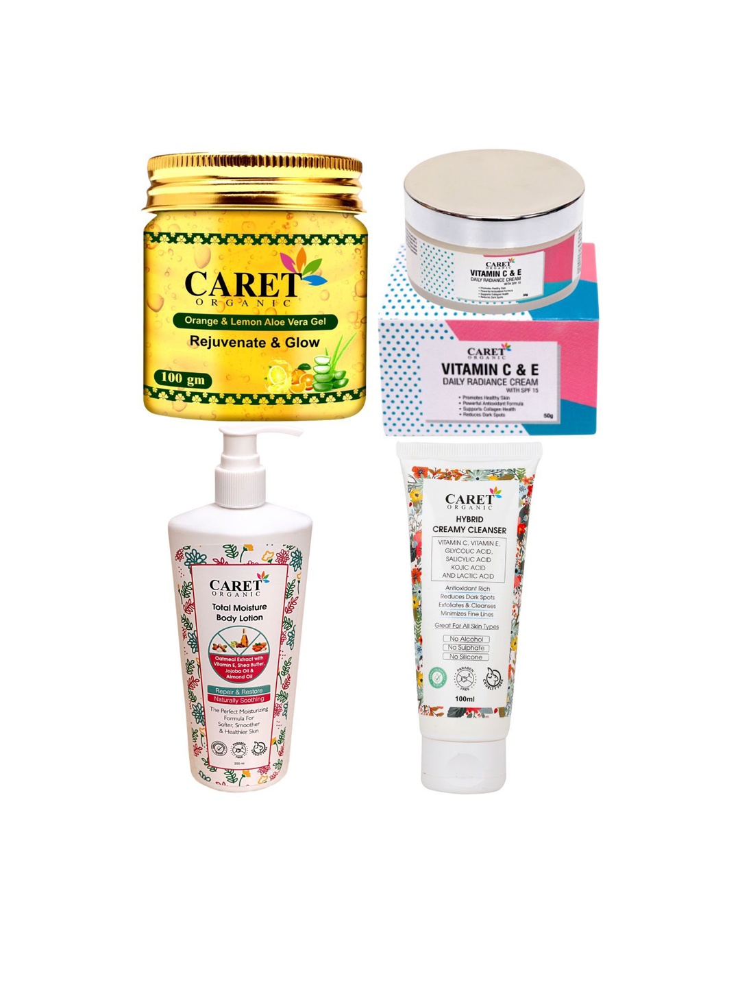 

CARET ORGANIC Set Of 4 Orange Gel, Vitamin C Cream, Total Moisture Body Lotion & Cleanser, White