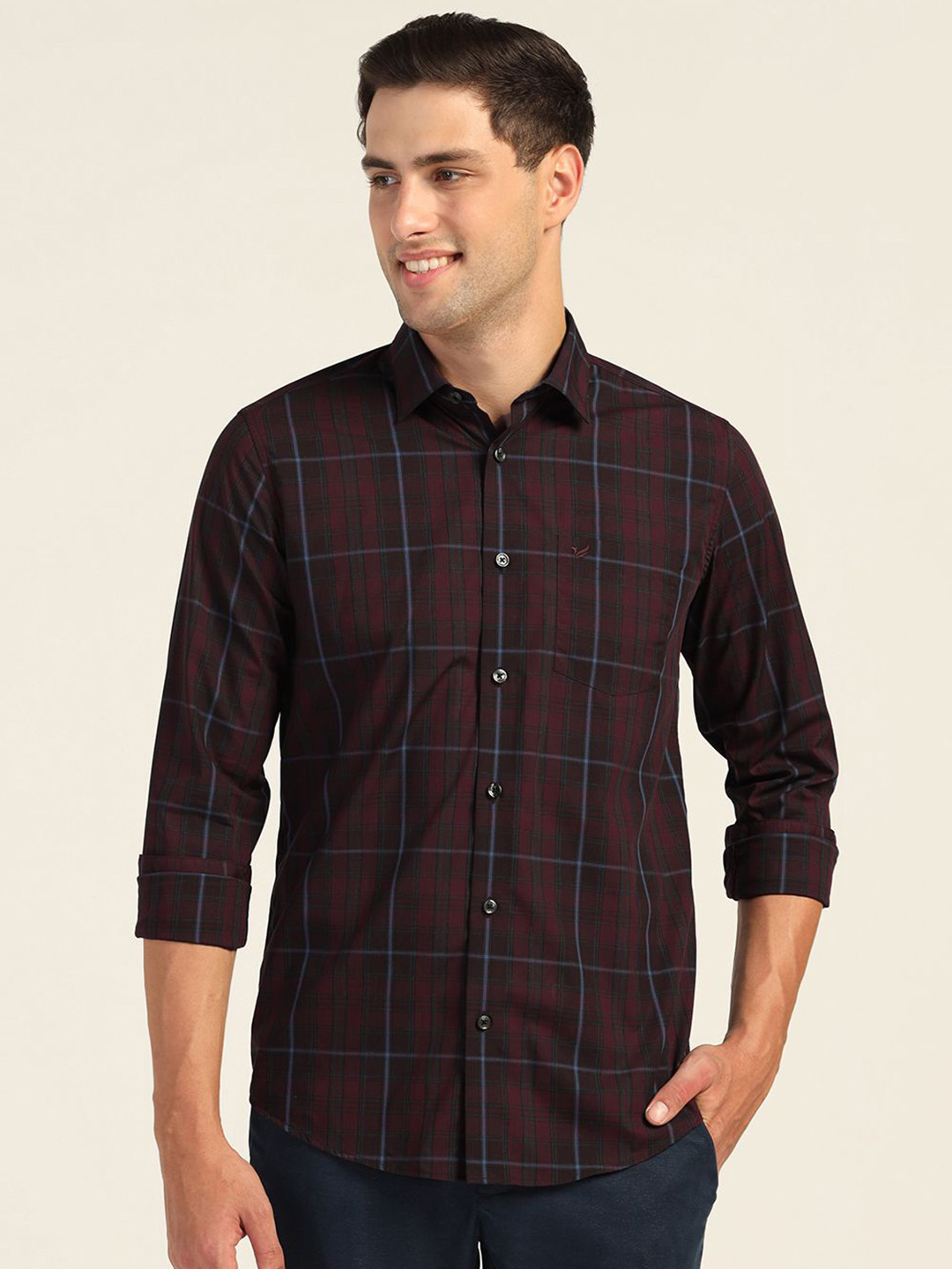 

Blackberrys Men India Slim Spread Collar Buffalo Checked Cotton Slim Fit Casual Shirt, Maroon