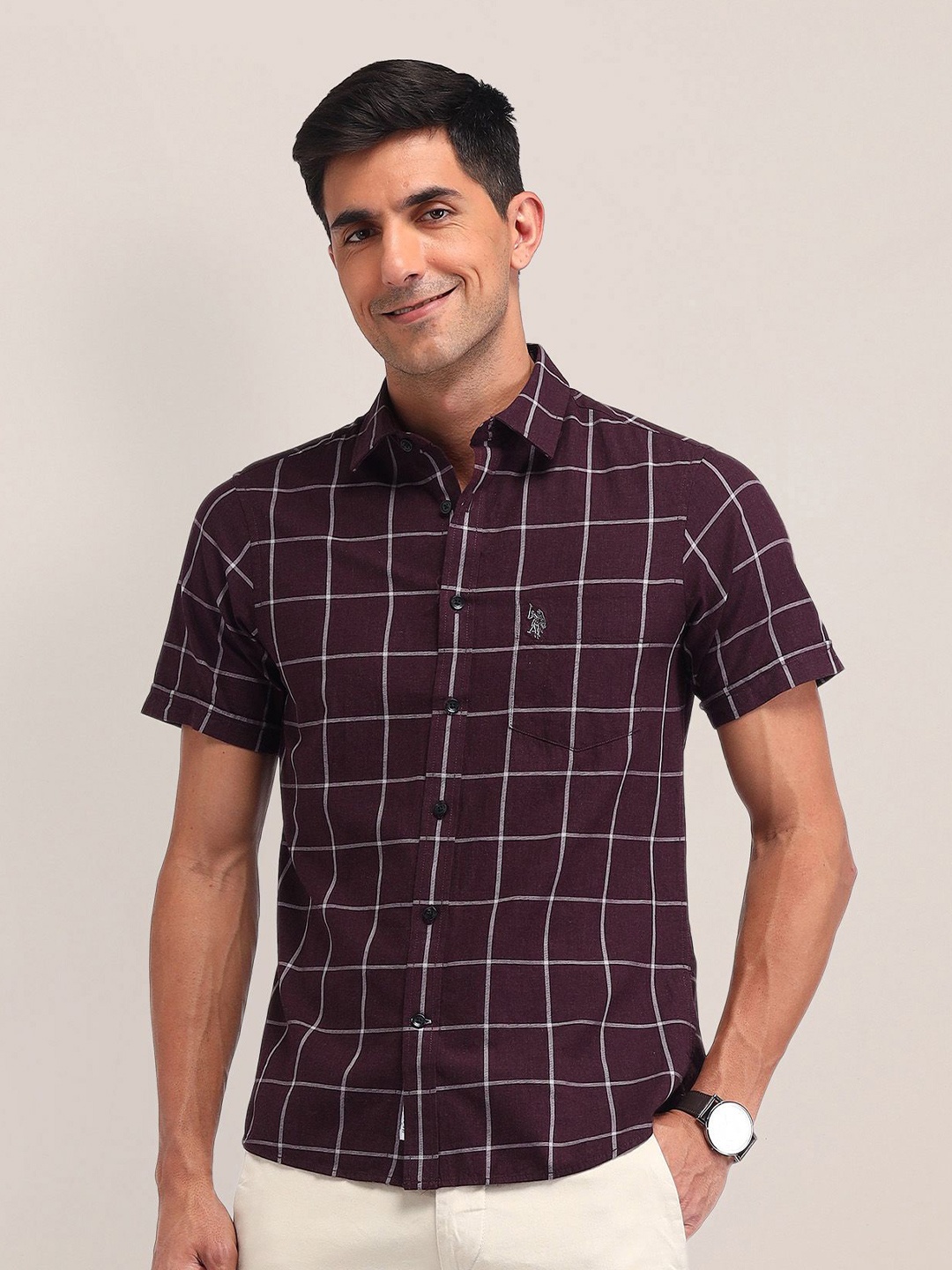 

U.S. Polo Assn. Men Classic Spread Collar Checks Printed Cotton Tailored Fit Casual Shirt, Maroon