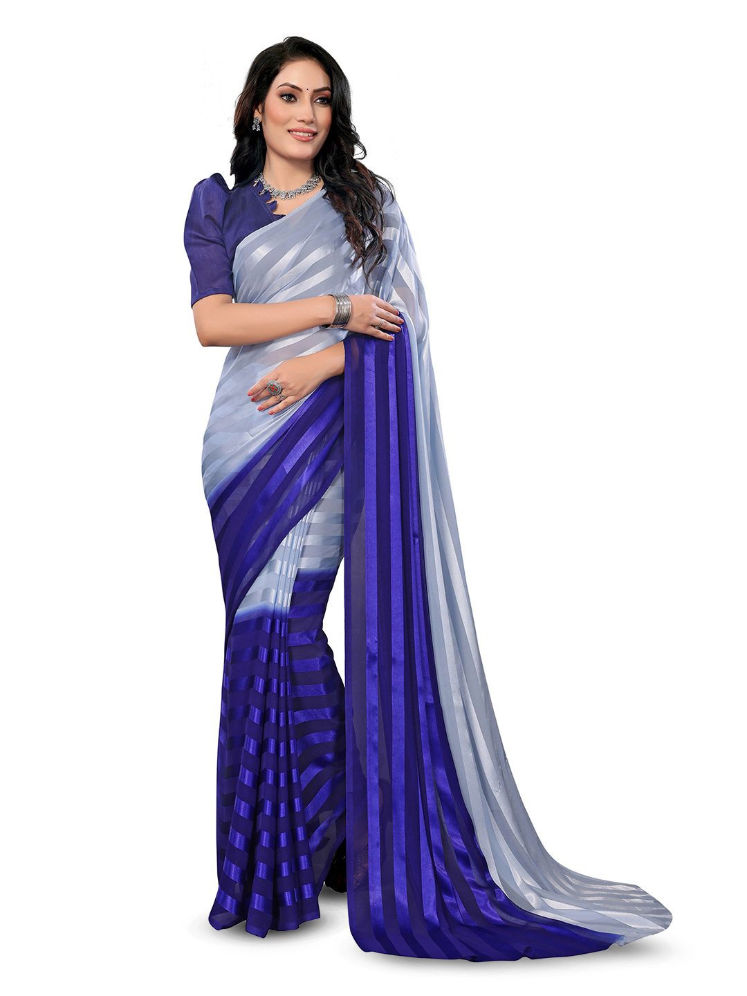 

Moda Rapido Striped Printed Satin Saree, Blue