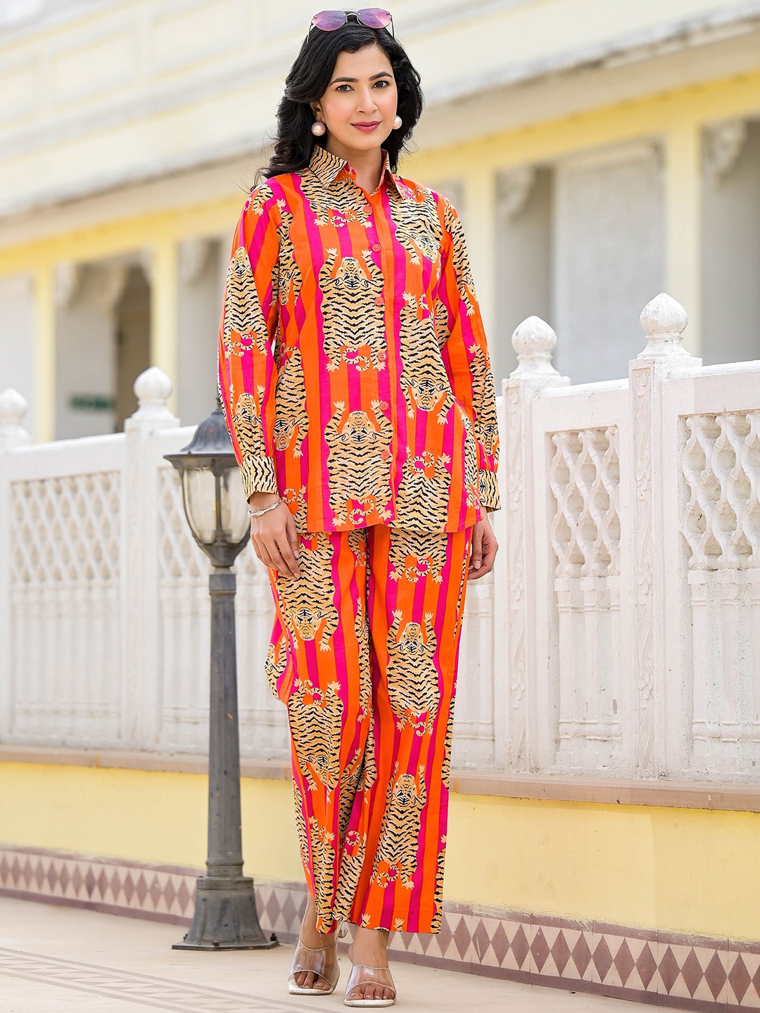 

Jaipuri Adaah Printed Pure Cotton Shirt With Trousers, Orange