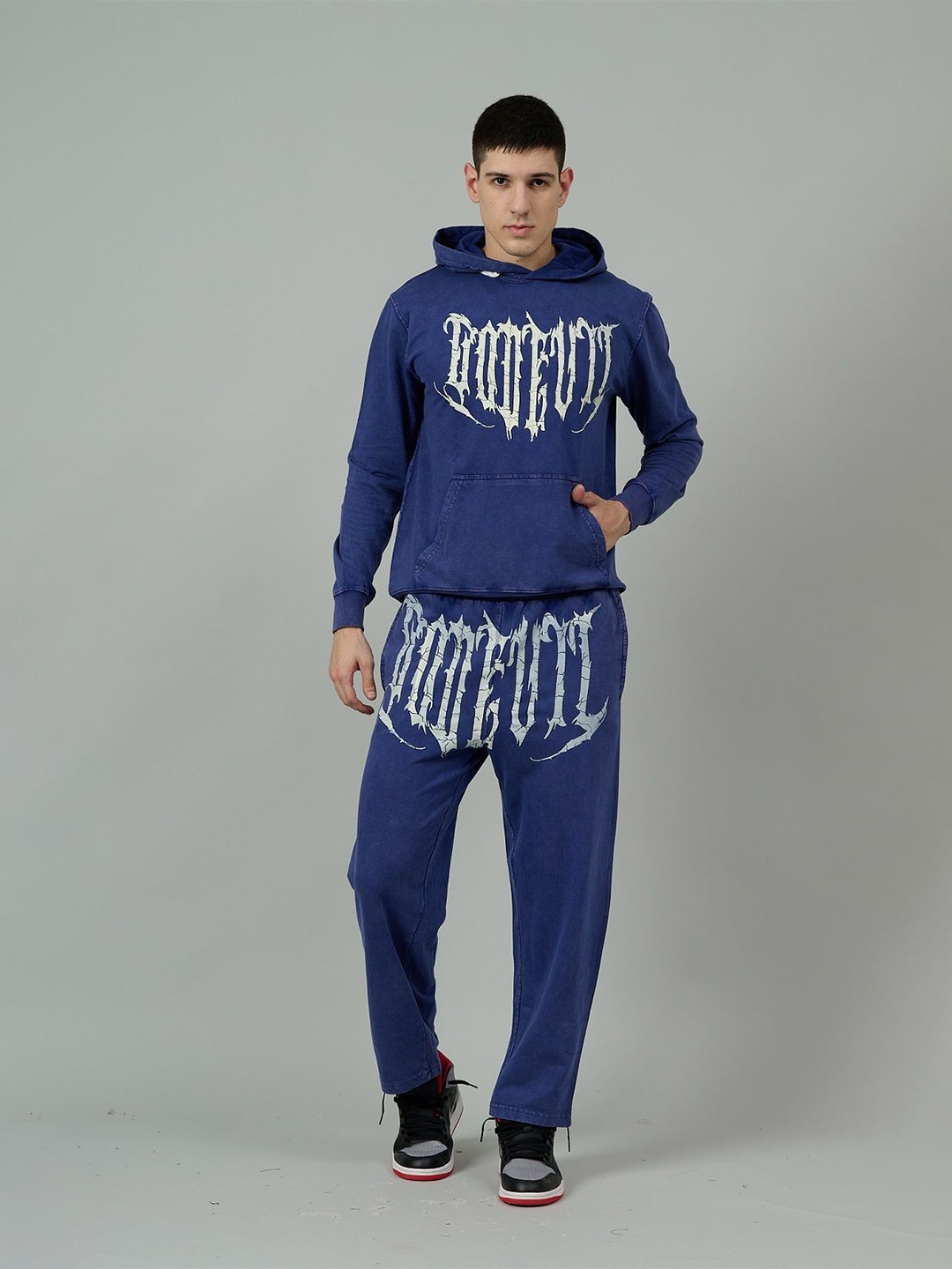 

GO DEVIL Typographic Printed Hooded Oversized Woollen Fleece Sweatshirt With Joggers, Blue