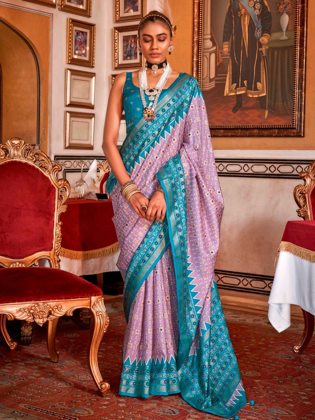 

MAHALASA Women Ethnic Motifs Zari Patola Saree With Blouse Piece, Purple