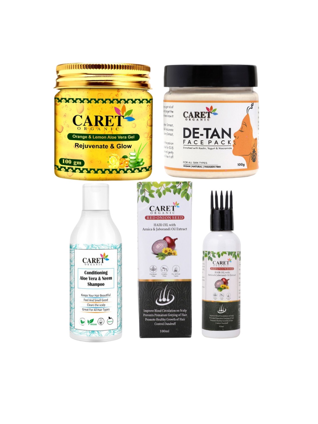 

CARET ORGANIC Set Of 4 Orange & Lemon Gel, Red Onion Oil, Aloe Vera Shampoo & De-Tan Pack, White