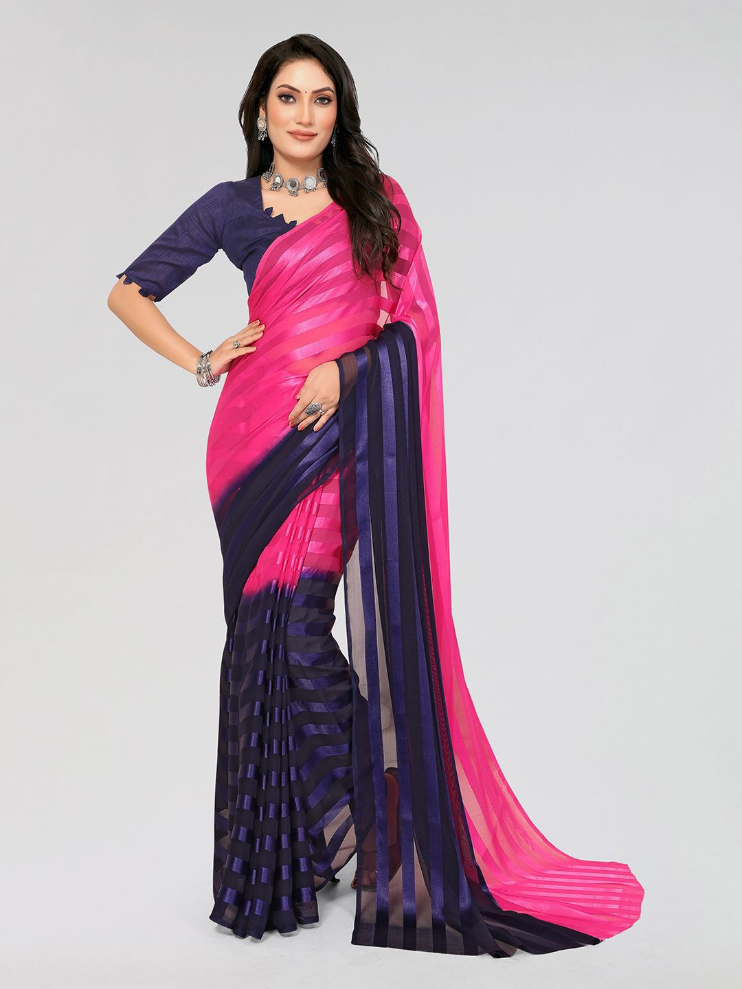 

Moda Rapido Striped Saree With Unstitched Blouse Piece, Pink