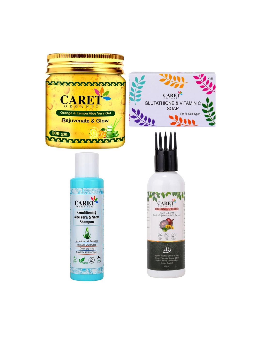 

CARET ORGANIC Set Of 4 Aloe Vera Gel, Gluthathione Soap, Almond Lotion & Red Onion Hair, White