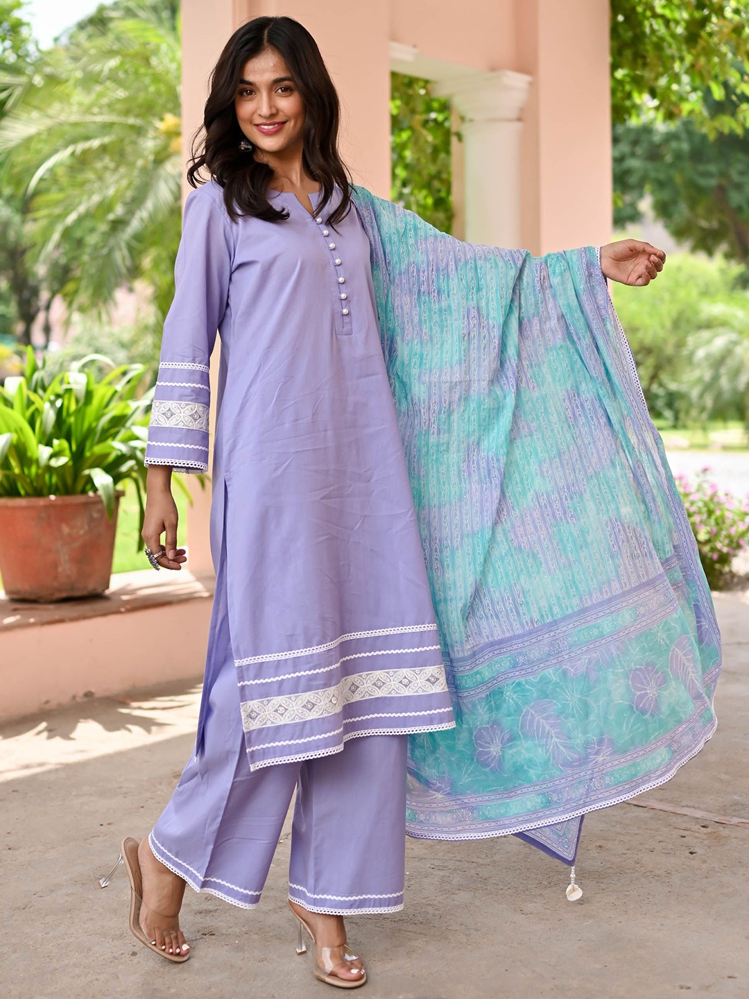 

Bunaai Embroidered Gotta Patti Notch Neck Cotton Straight Kurta with Trousers & Dupatta, Purple