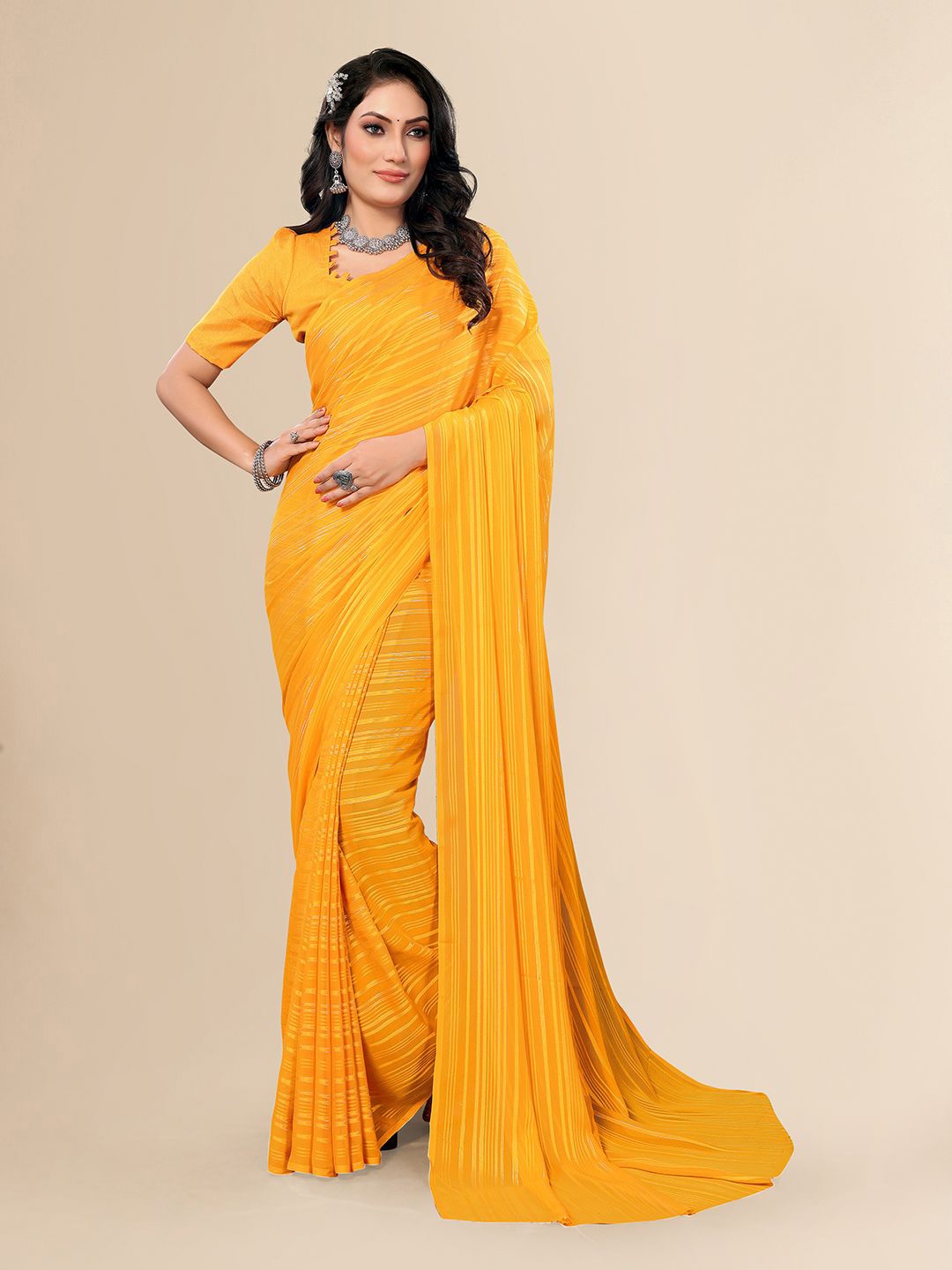 

Moda Rapido Women Striped Satin Saree, Yellow