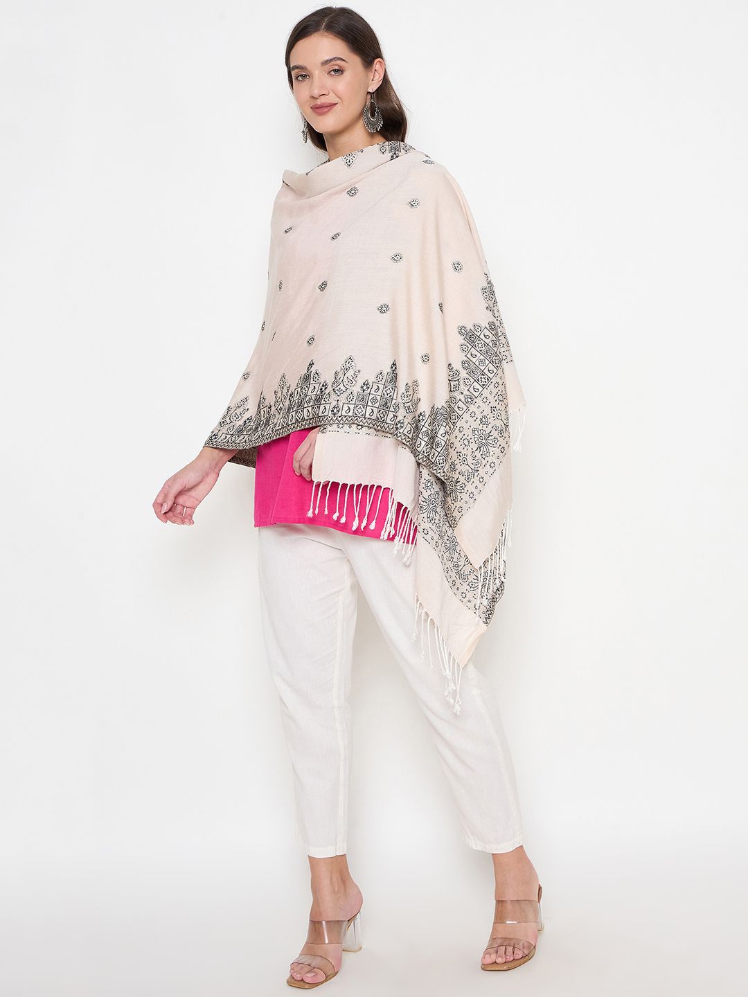 

Zigo Floral Woven Design Woollen Shawl, Black
