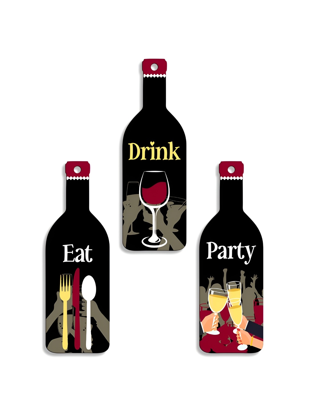 

SEHAZ ARTWORKS Black & Red 3 Pieces Printed Wooden Wall Hangings
