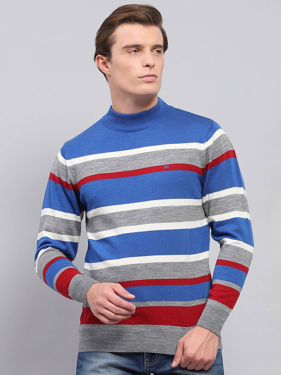 

Monte Carlo Men Striped Woollen Pullover, Grey