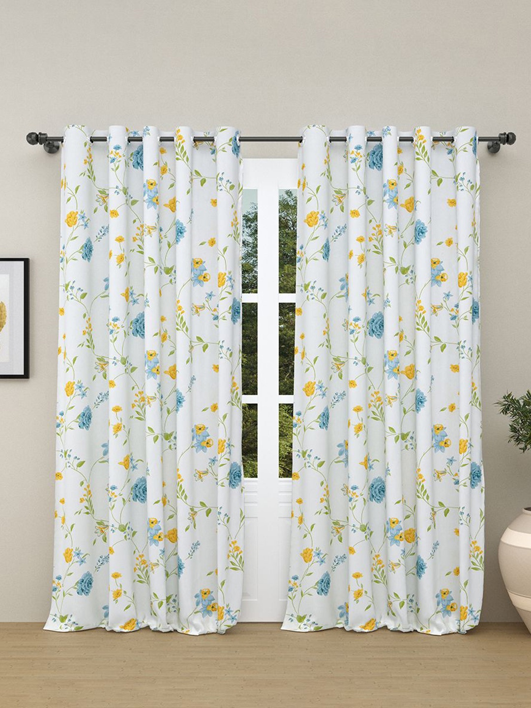 

haus & kinder White 2 Pieces Floral Printed Room Darkening Pure Cotton Door Curtains