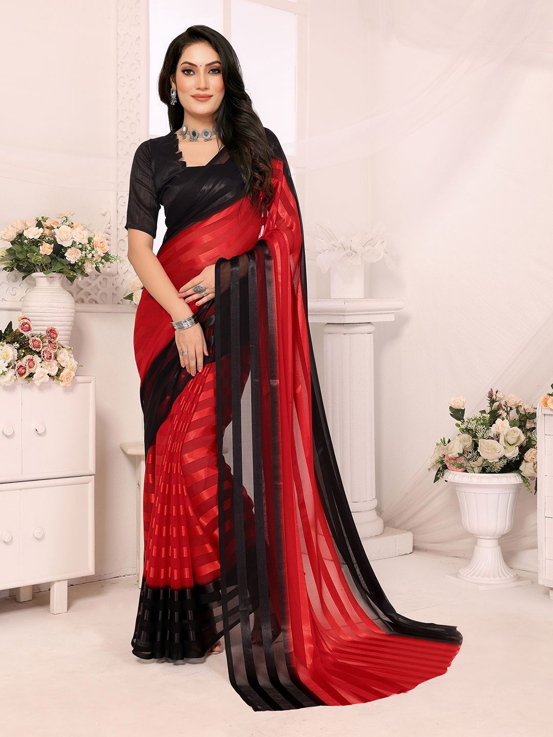 

Moda Rapido Women Striped Saree, Red