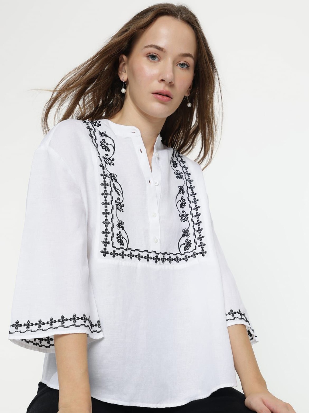 

Marks & Spencer Embroidered Mandarin Collar Flared Sleeve Top, White