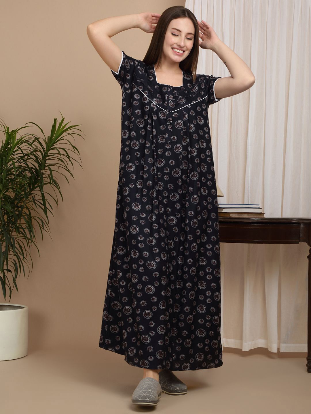 

Sweet Dreams Women Printed Pure Cotton Maxi Nightdress, Navy blue