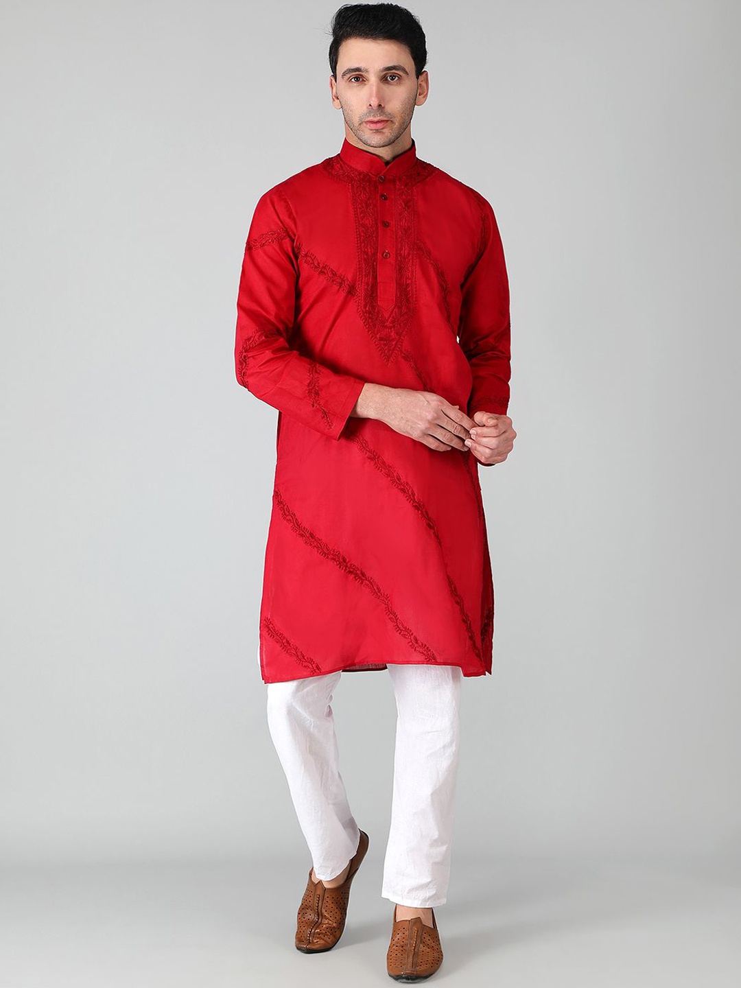 

Seva Chikan Mandarin Collar Ethnic Motifs Chikankari Cotton Kurta, Maroon