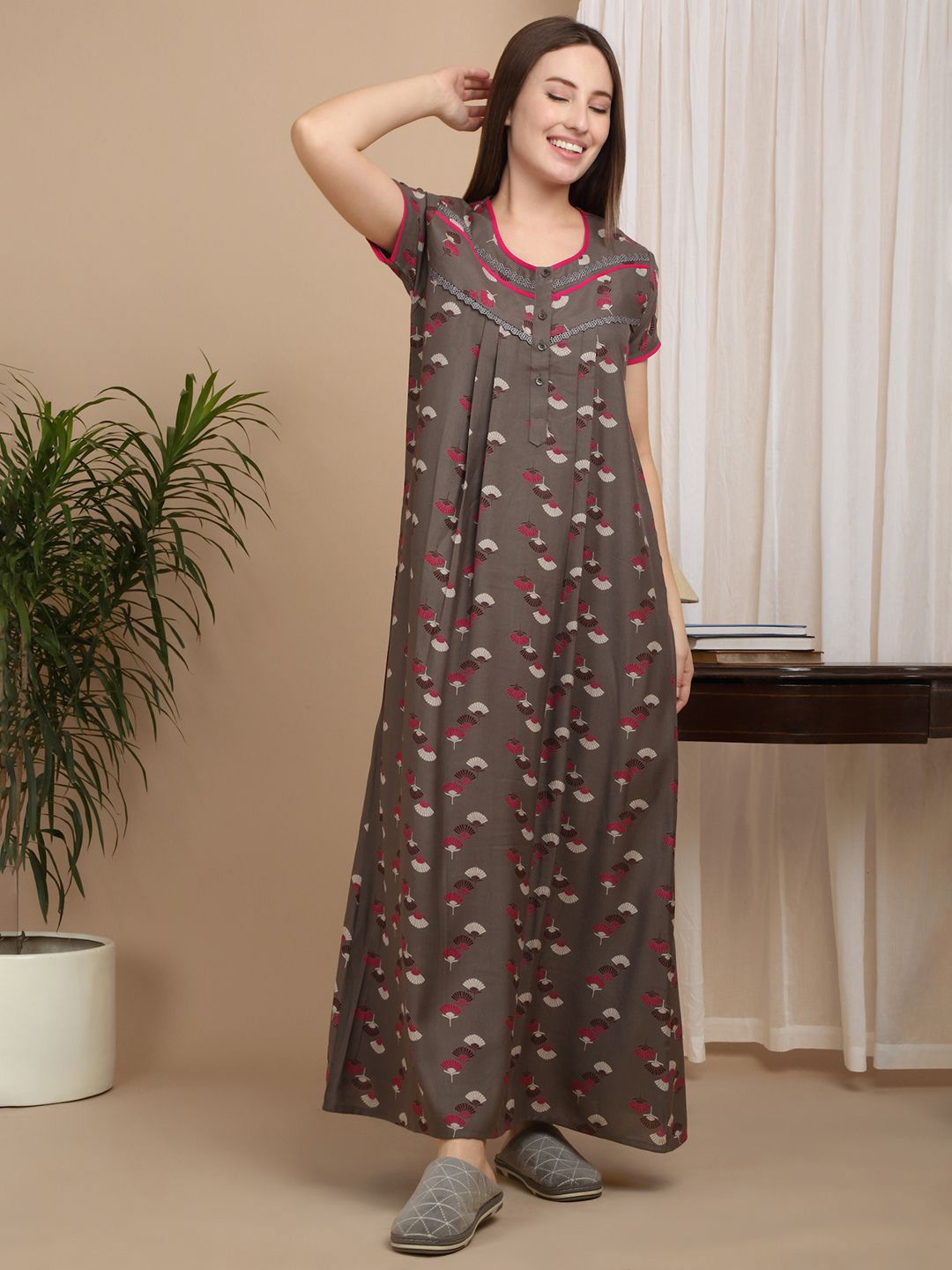 

Sweet Dreams Women Floral Printed Pure Cotton Maxi Nightdress, Coffee brown