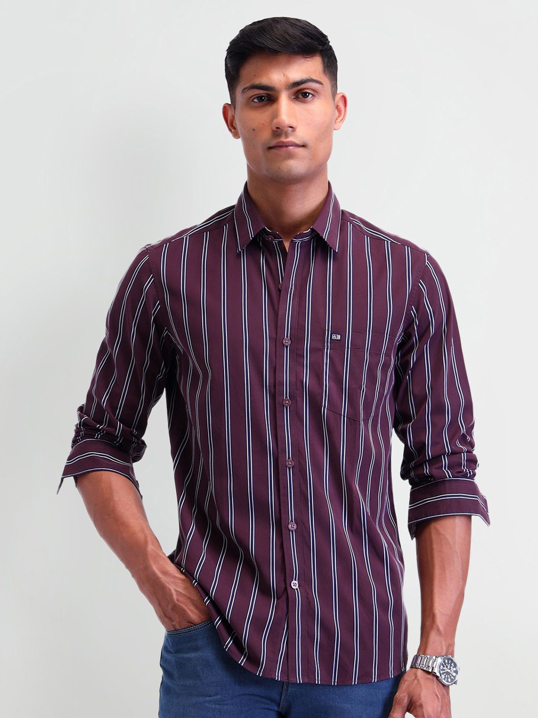

Arrow Sport Men Manhattan Slim Fit Opaque Striped Casual Shirt, Burgundy