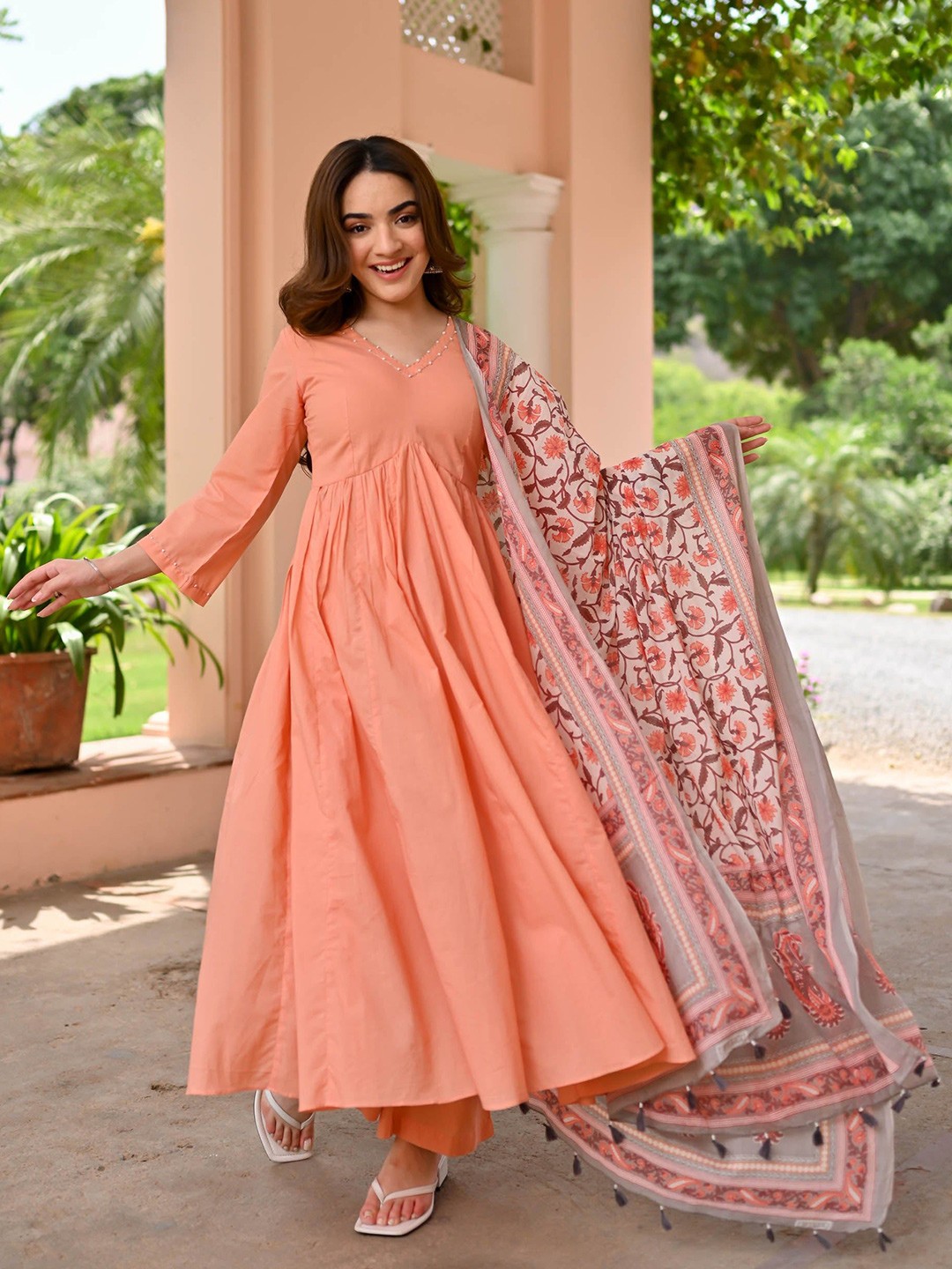 

Bunaai Pleated Beads and Stones Kurta with Trouser & Dupatta, Peach